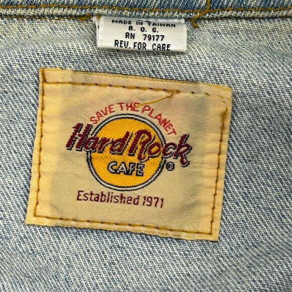 Vintage Hard Rock Cafe Orlando Unisex XL Blue Denim Bomber Jacket Music Flawed - Picture 6 of 16